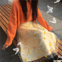 Kawaiifashion jaune jupes trapèze en maille florale douce pour femmes jaune