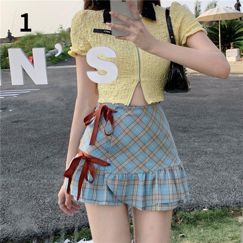 Kobine 1 / S Women's Korean Style Plaid Bowknot Skirt