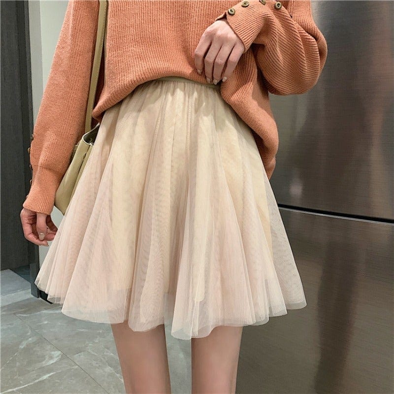 Kobine APRICOT / F Women's Kawaii Mesh Pleated Mini Skirt