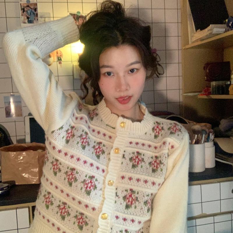 Kobine APRICOT / F Women's Korean Style Floral Cardigan