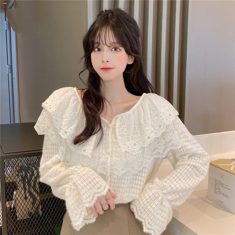 Kobine APRICOT / F Women's Korean Style Layered Ruffled Lace Shirt