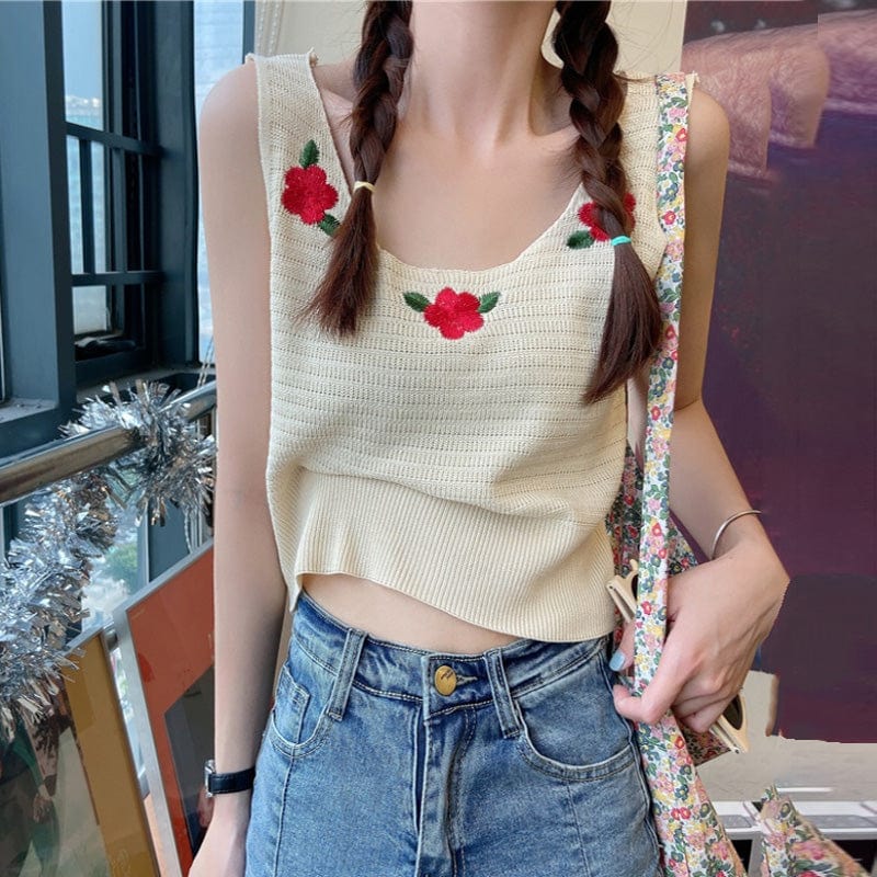 Kobine APRICOT Camiseta sin mangas con bordado floral Kawaii para mujer