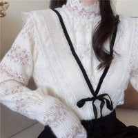 Kobine APRICOT - Camisa de invierno de encaje con cuello alto y estilo coreano para mujer
