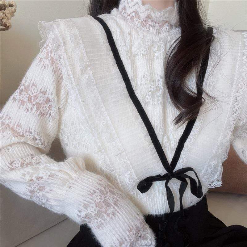 Kobine APRICOT - Camisa de invierno de encaje con cuello alto y estilo coreano para mujer