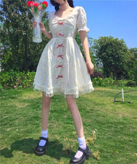 Kobine As Picture / F Abito bianco da donna con fiocco sartoriale Kawaii carino a vita alta con fiocco