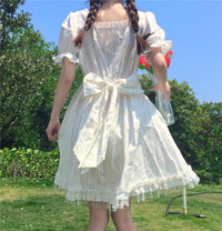 Kobine As Picture / F Women's Kawaii Cute Tailored Collar High-waisted Bowknot White Dress