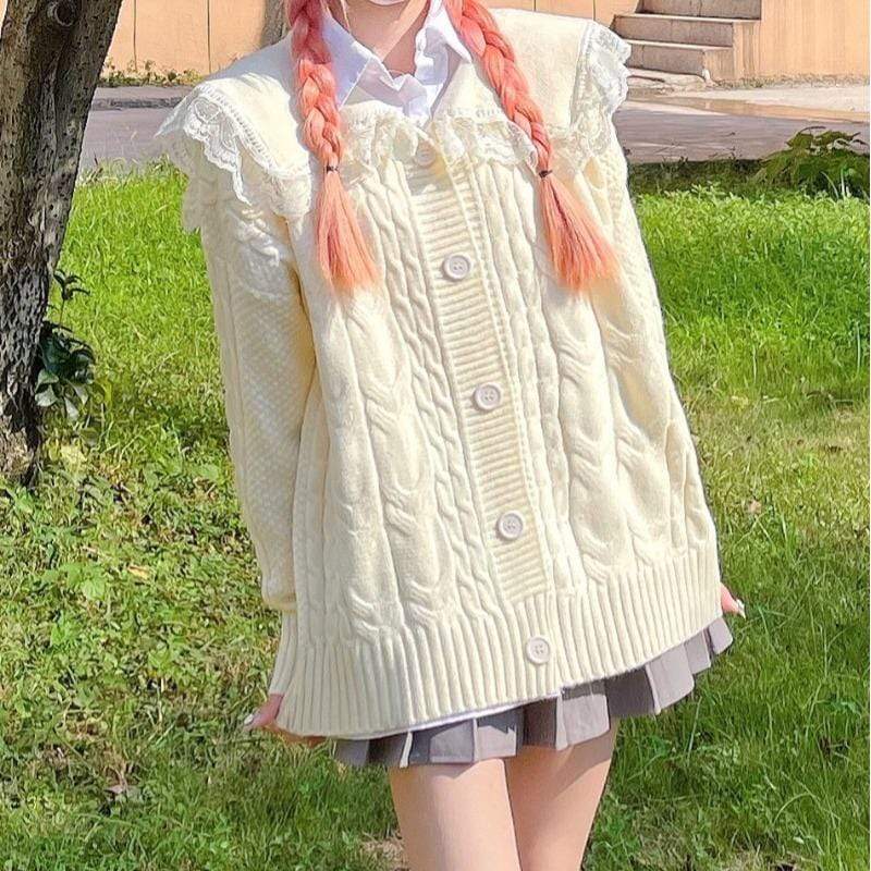 Kobine AS PICTURE / F Women's Kawaii Doll Collar Cable Knitted Cardigan