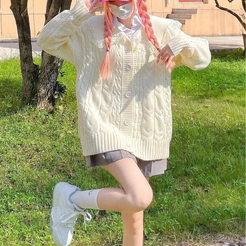 Kobine AS PICTURE / F Cardigan en tricot torsadé à col poupée Kawaii pour femmes