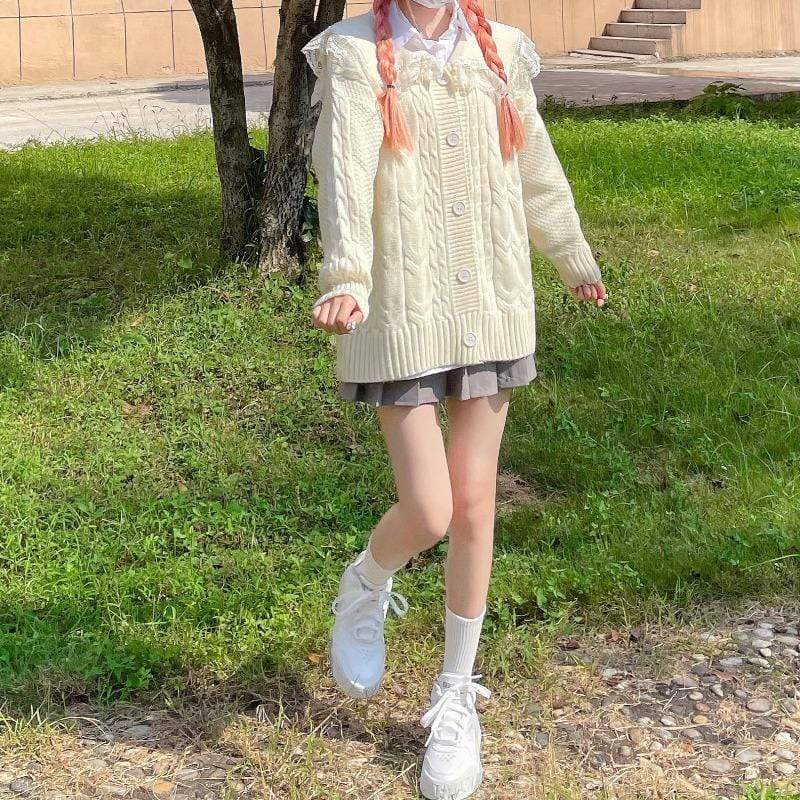 Kobine COME FOTO / F Cardigan lavorato a maglia a trecce con colletto bambola Kawaii da donna
