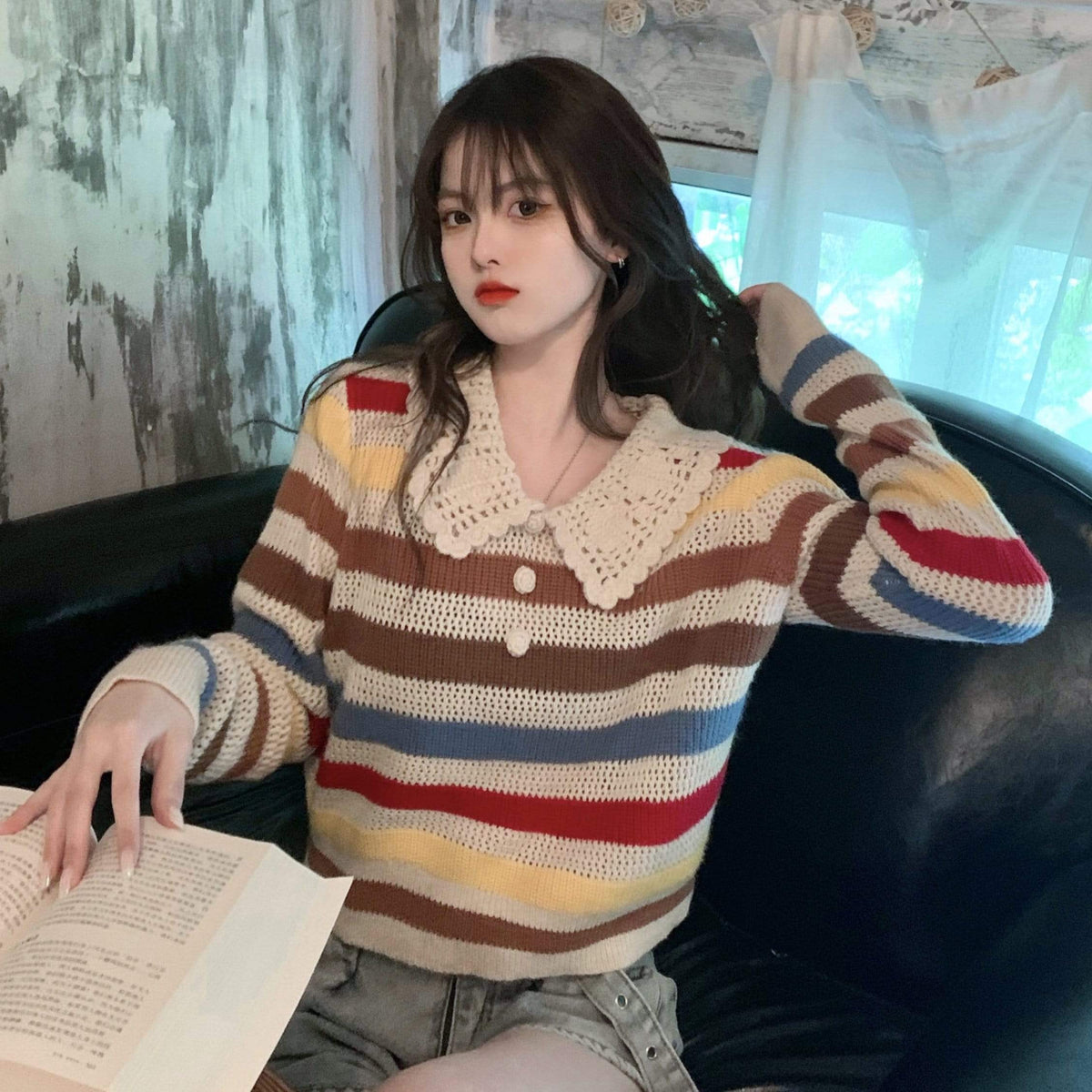 Kobine AS PICTURE / F Damen-Pullover mit chromatischen Streifen und Kawaii-Puppenkragen