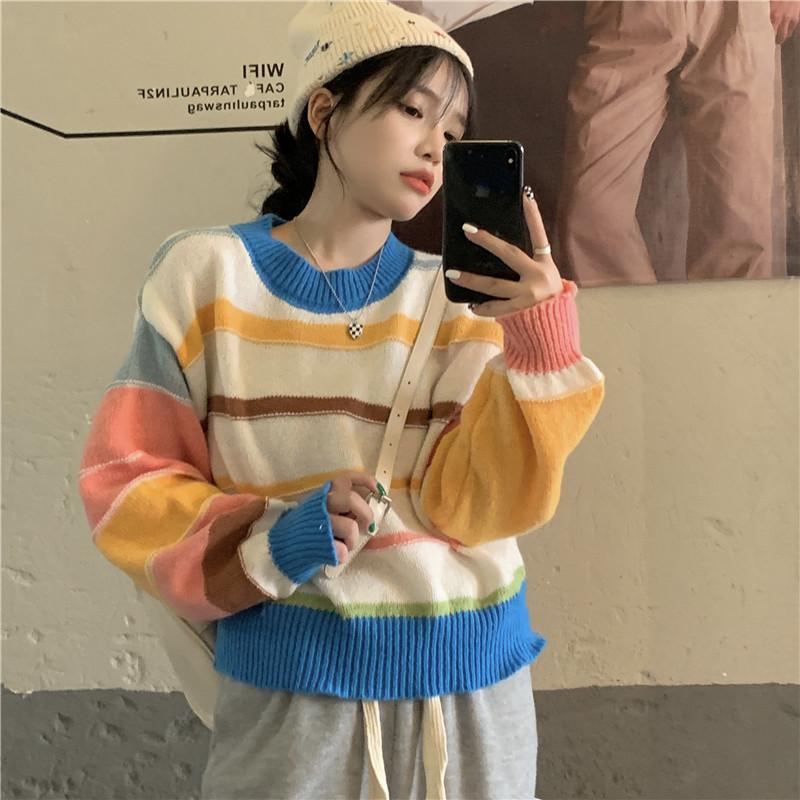 Kobine AS PICTURE / F Women's Kawaii Double Color Stripe Sweater