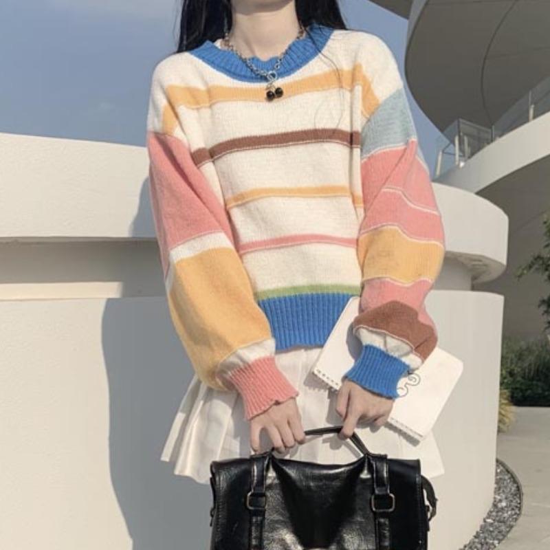 Kobine AS PICTURE / F Женский свитер в двухцветную полоску Kawaii