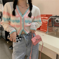 Kobine AS PICTURE / F Women's Kawaii Heart Double Color Short Knitted Cardigan