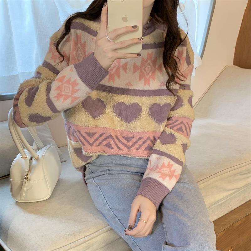 Kobine AS PICTURE / F Kawaii Heart Stripe Splice Sweater für Damen