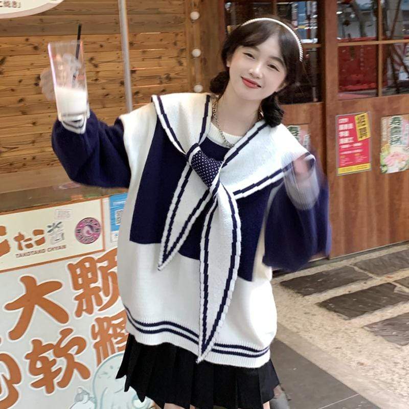Kobine AS PICTURE / F Women's Kawaii Sailor Collar Double Color Sweater