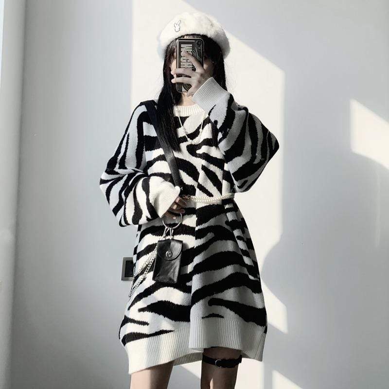 Kobine AS PICTURE / F Women's Kawaii Zebra Knitted Loose Sweater