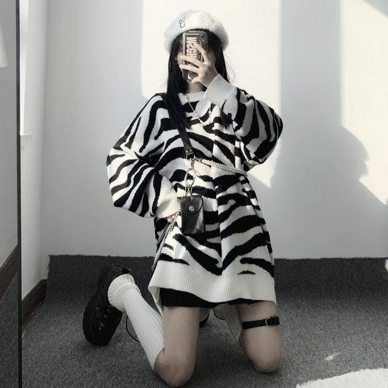 Kobine AS PICTURE / F Women's Kawaii Zebra Knitted Loose Sweater