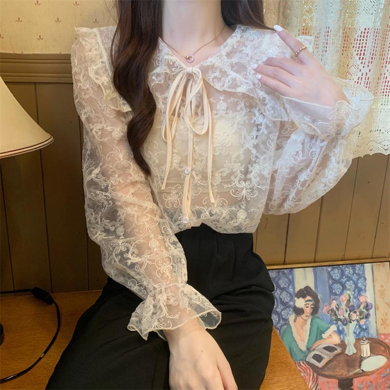 Kobine COMO IMAGEN / F Camisa de encaje con cuello de muñeca estilo coreano para mujer