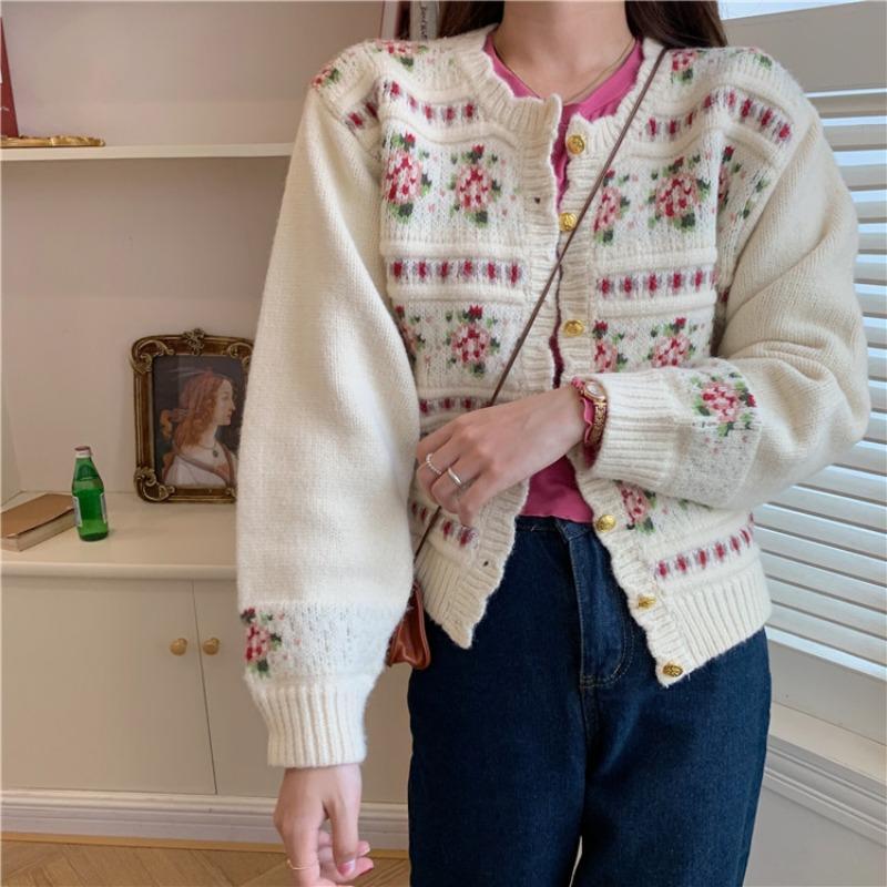Kobine AS PICTURE / F Women's Korean Style Floral Knitted Cardigan