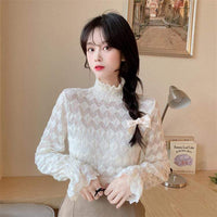 Kobine AS PICTURE / F Camisa de falbala transparente con cuello alto y estilo coreano para mujer