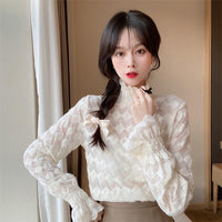 Kobine AS PICTURE / F Camisa de falbala transparente con cuello alto y estilo coreano para mujer