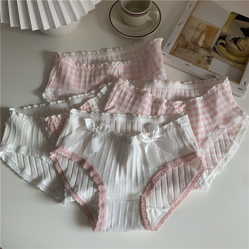Kobine AS PICTURE Women's Cute Bowknot Pink Plaid Lace Underwear