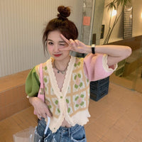 Kobine AS PICTURE Women's Korean Short Bubble Sleeved Color Block Knitted Cardigan