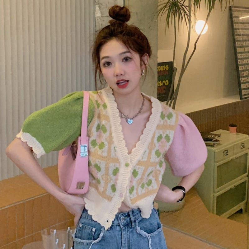Kobine AS PICTURE Cardigan tricoté coréen à manches courtes et blocs de couleurs pour femmes