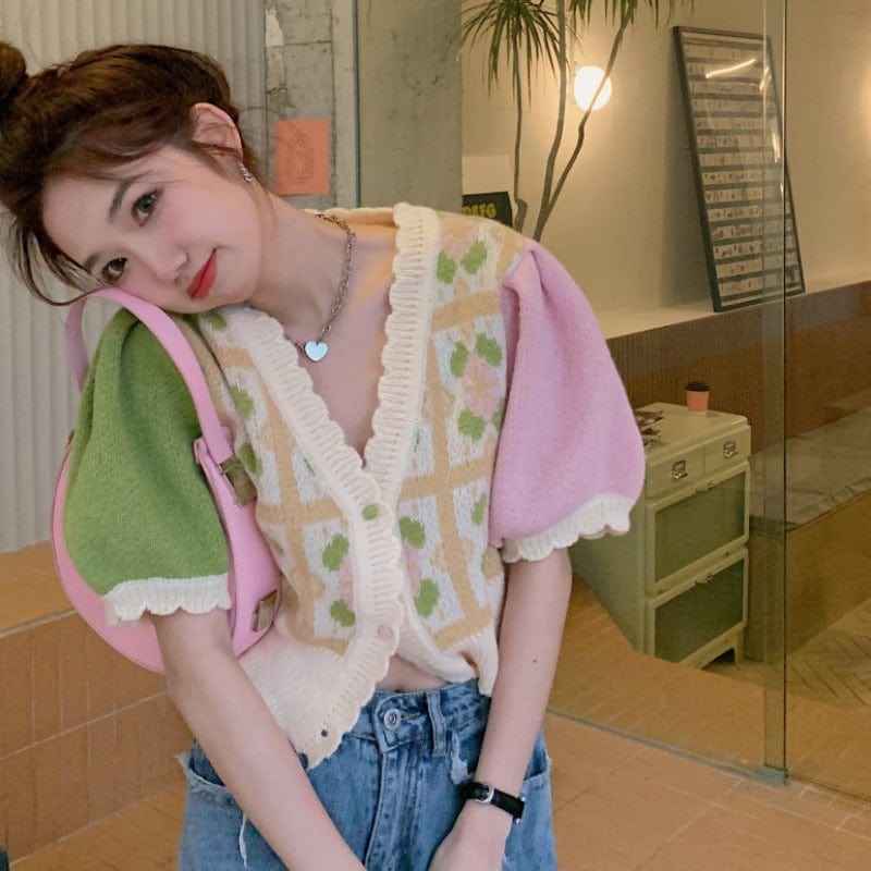 Kobine AS PICTURE Cardigan tricoté coréen à manches courtes et blocs de couleurs pour femmes