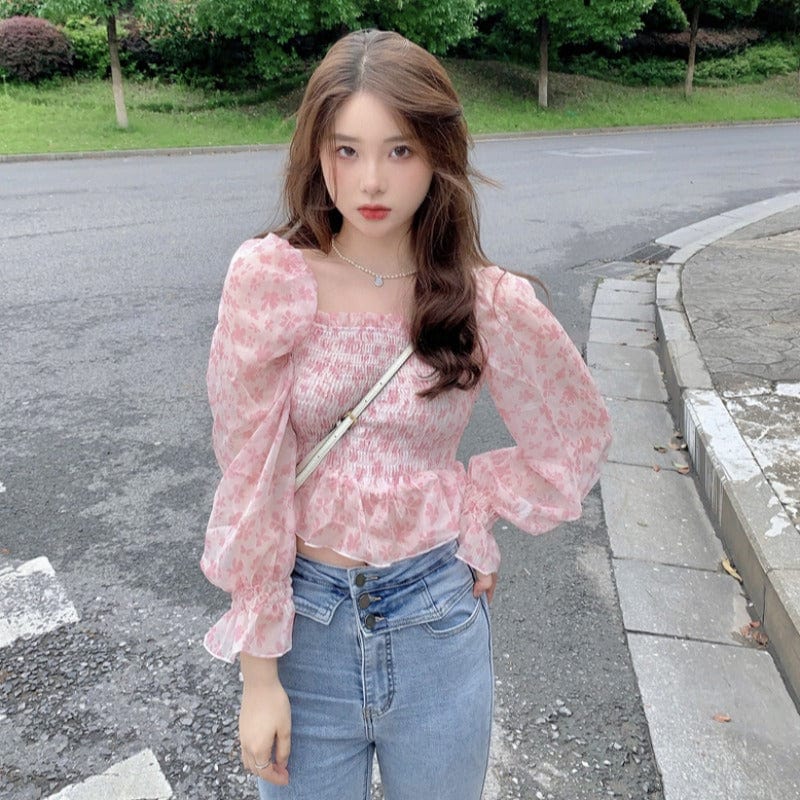 Kobine AS PICTURE Camisa floral con mangas abullonadas estilo coreano para mujer