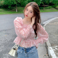 Kobine AS PICTURE Women's Korean Style Puff Sleeved Floral Shirt