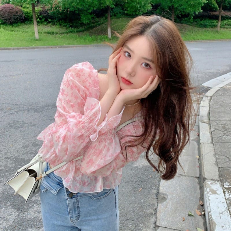 Kobine AS PICTURE Camisa floral con mangas abullonadas estilo coreano para mujer
