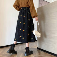 Kobine BLACK / F Women's Cute Floral Embroidered Corduroy Skirt
