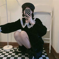 Kobine BLACK / F Vestido de terciopelo con cuello de muñeca Kawaii para mujer