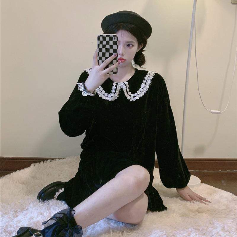 Kobine BLACK / F Robe en velours à col poupée Kawaii pour femmes