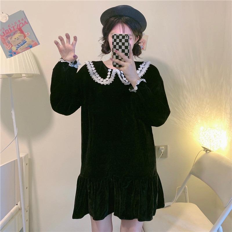 Kobine BLACK / F Vestido de terciopelo con cuello de muñeca Kawaii para mujer
