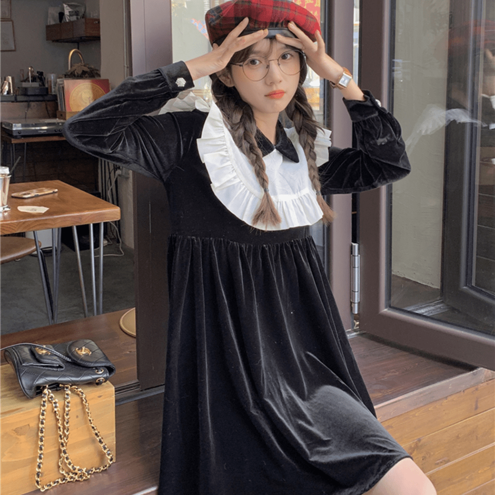 Kobine BLACK/F Vestido Kawaii de Terciopelo con Volantes de Doble Color para Mujer