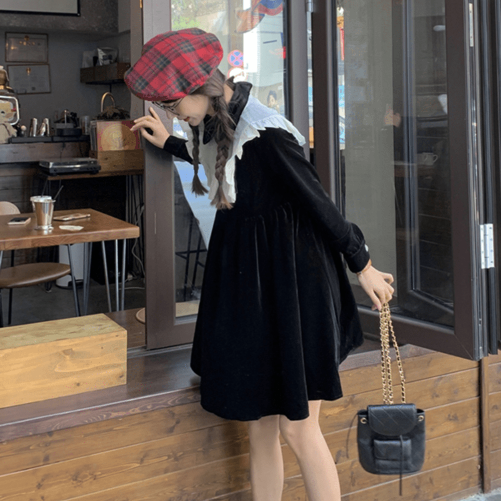 Kobine BLACK/F Vestido Kawaii de Terciopelo con Volantes de Doble Color para Mujer