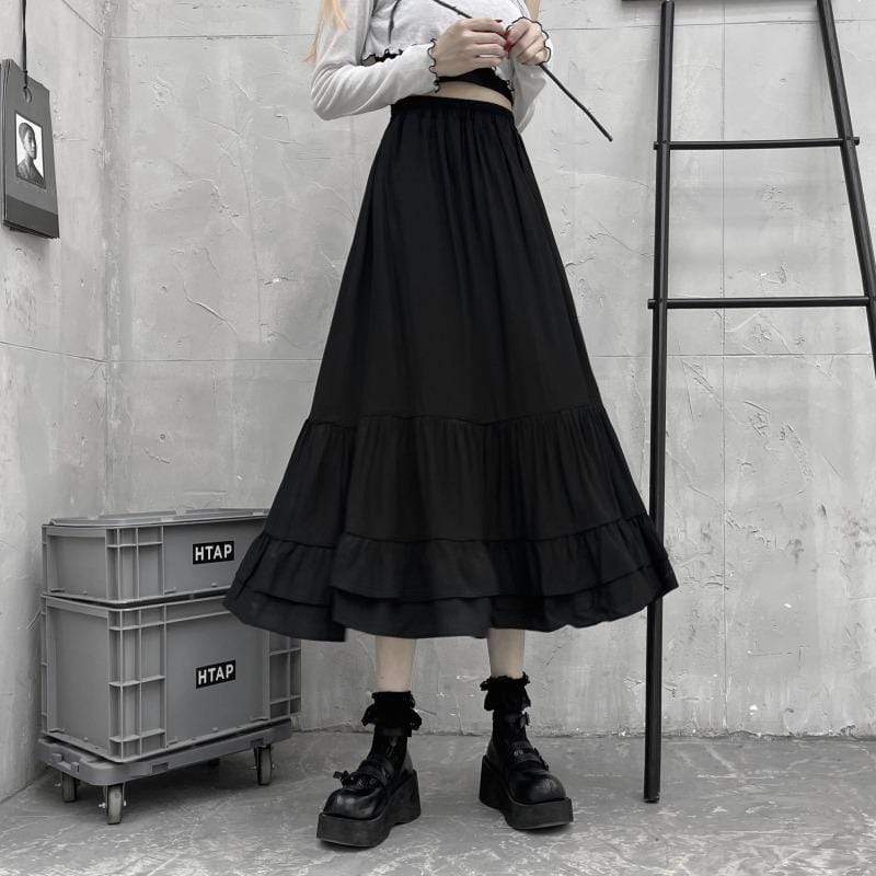 Kobine BLACK / F Женская многослойная длинная юбка Kawaii Falbala Black