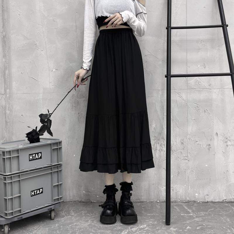 Kobine BLACK / F Women's Kawaii Multi-layered Falbala Black Long Skirt