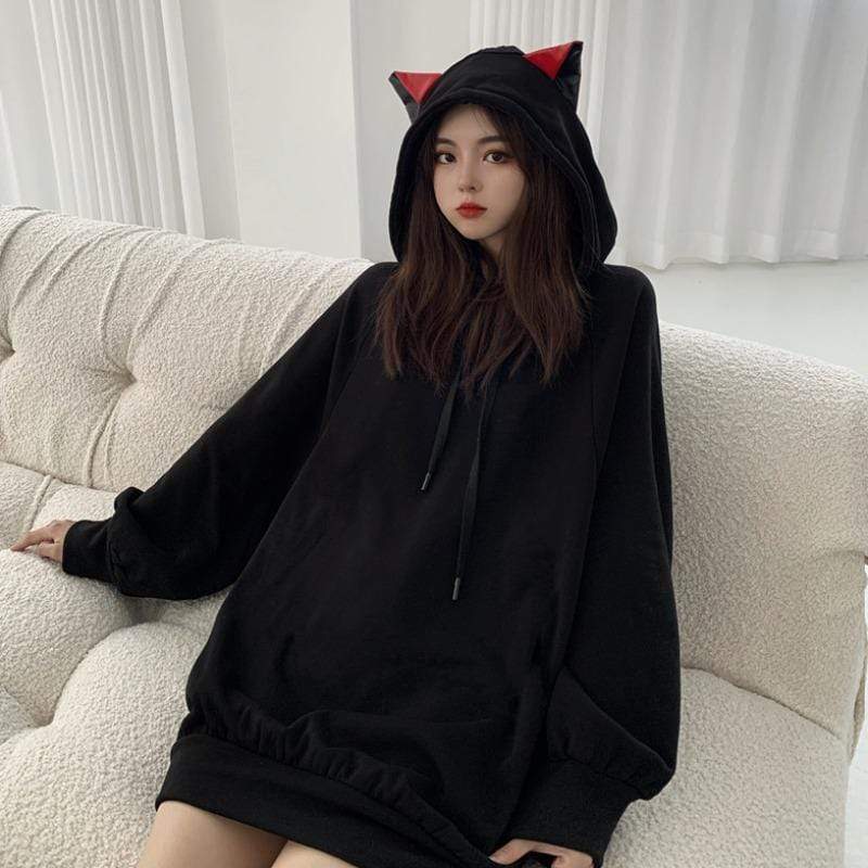 Kobine BLACK / F Kawaii einfarbige Katzenohren-Hoodies für Damen