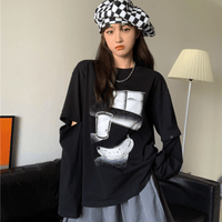 Kobine NOIR / F T-shirt ample à imprimé de fenêtre Kawaii pour femmes
