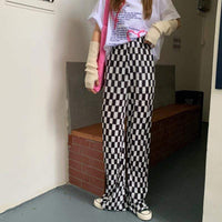 Kobine BLACK-WHITE / F Women's Korean Style Plaid Straight Pants