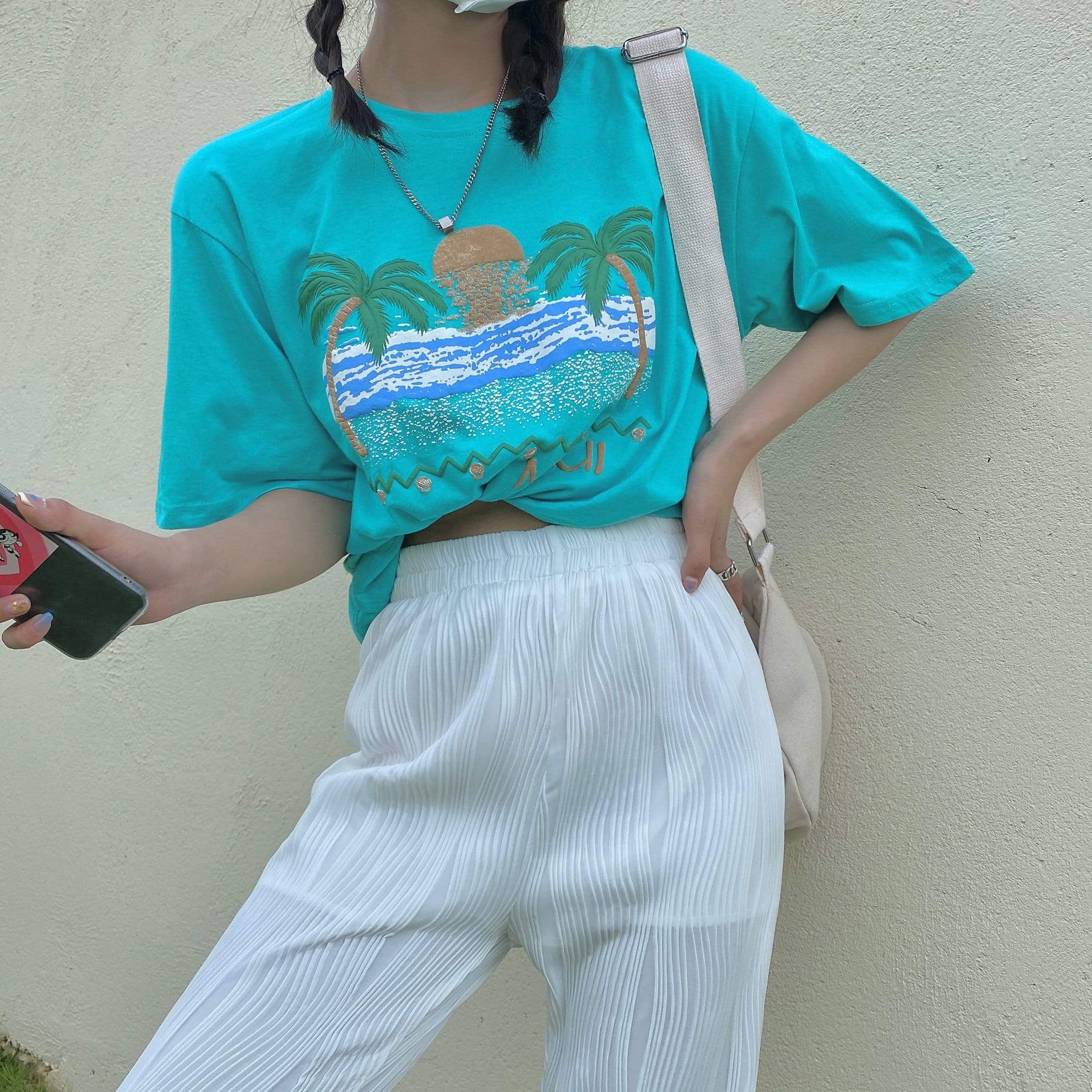 Kobine Blue / F Camiseta azul casual de playa de verano de estilo japonés para mujer