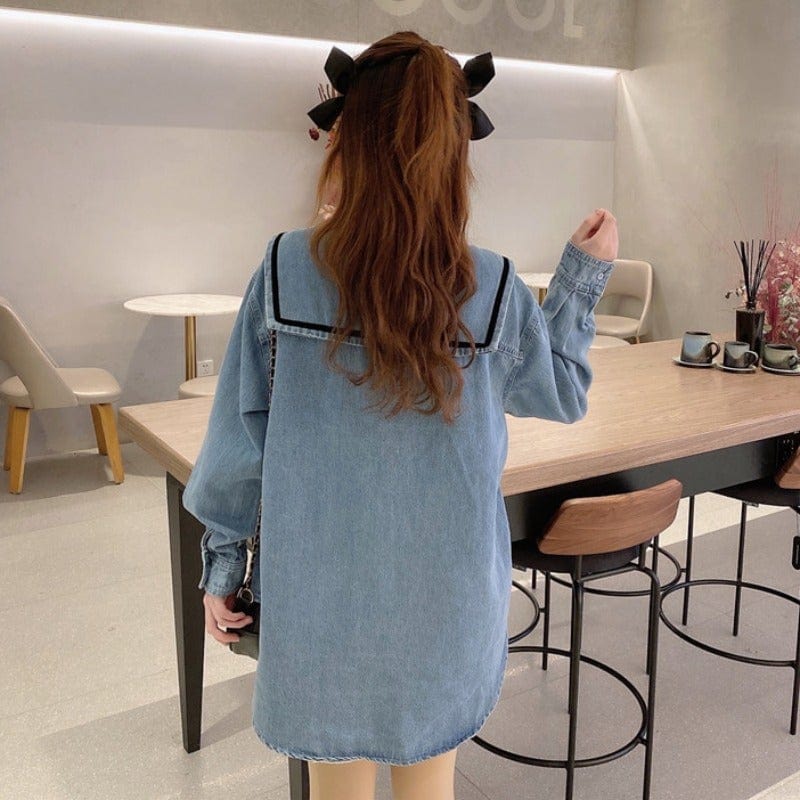 Kobine BLUE / F Women's Kawaii Doll Collar Bowknot Denim Shirt