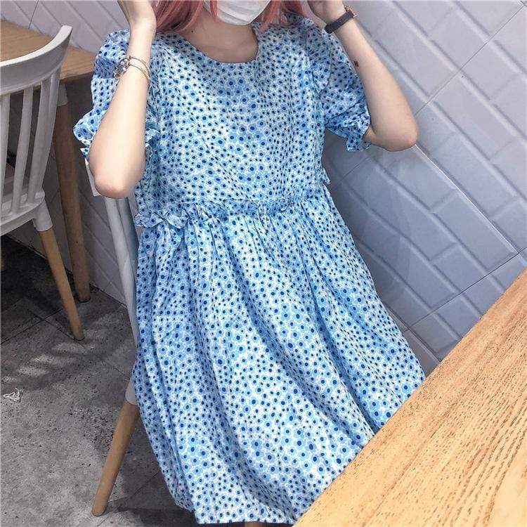 Kobine BLUE / F Women's Sweet Floral Printed Puff Sleeved Maxi Dresses