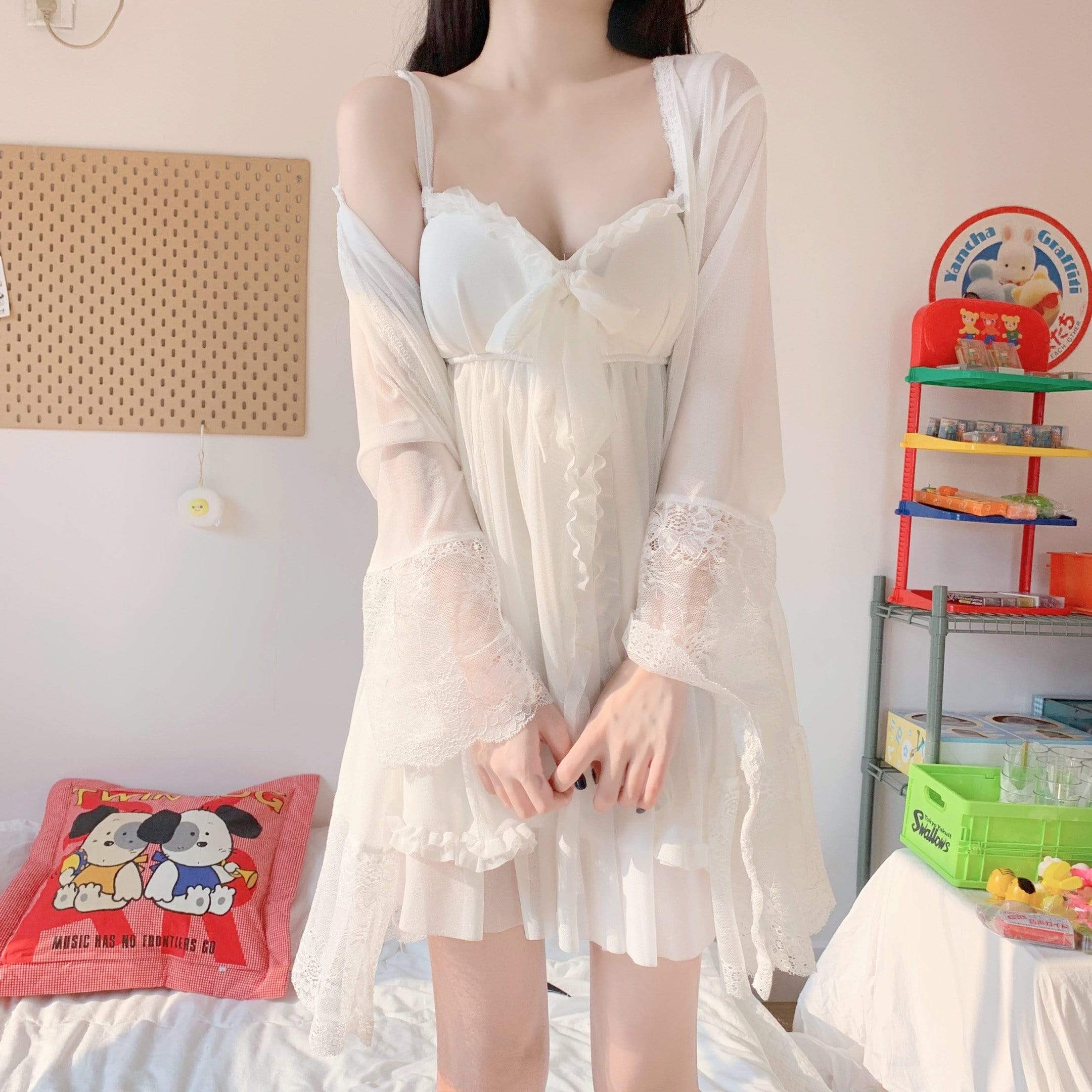 Kobine F Pijama de dos piezas blanco con encaje Kawaii para mujer