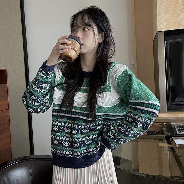 Kobine GREEN / F Women's Harajuku Double Color Falbala Splice Sweater