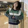 Kobine GREEN / F Women's Harajuku Double Color Falbala Splice Sweater