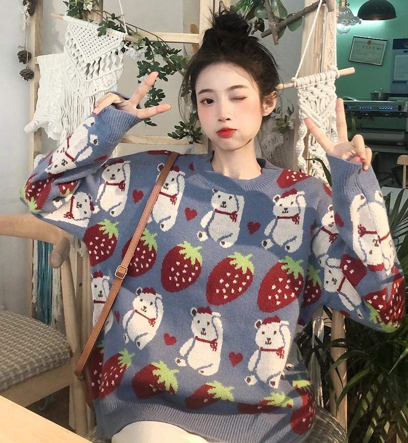 Kobine GREY / F Женский вязаный свитер Kawaii Bear Strawberry